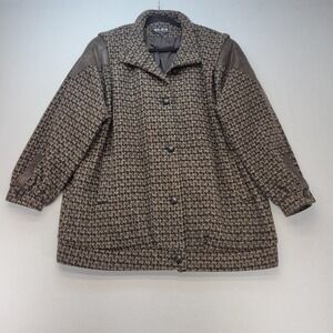 ELCO Tweed Coat‎ Women 22W Brown Wool Blend Leather Trim Button Front Jacket